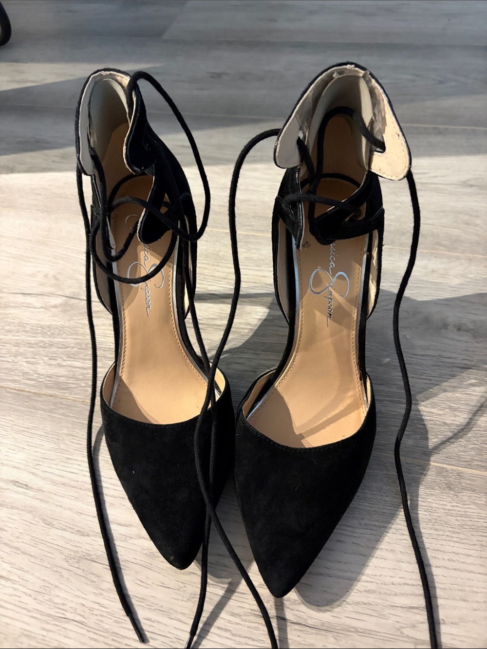 Jessica Simpson Black Lace-Up Pointed Toe Heels
